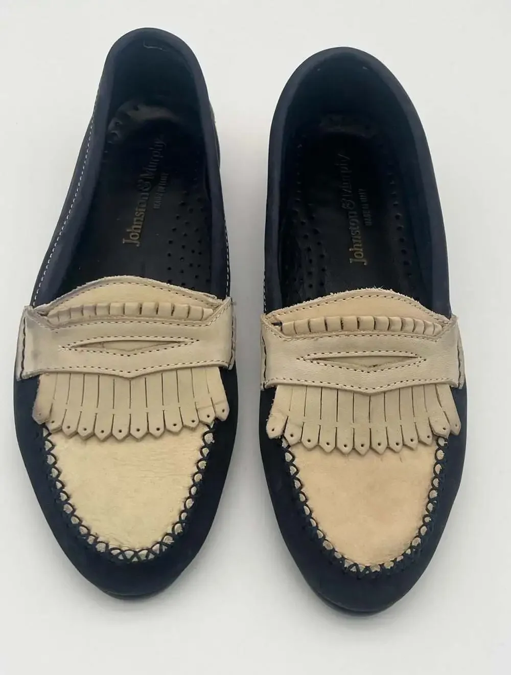 Johnston & Murphy Fringe Loafer, Navy and Beige Suede, Size 7.5 M made in Italy
